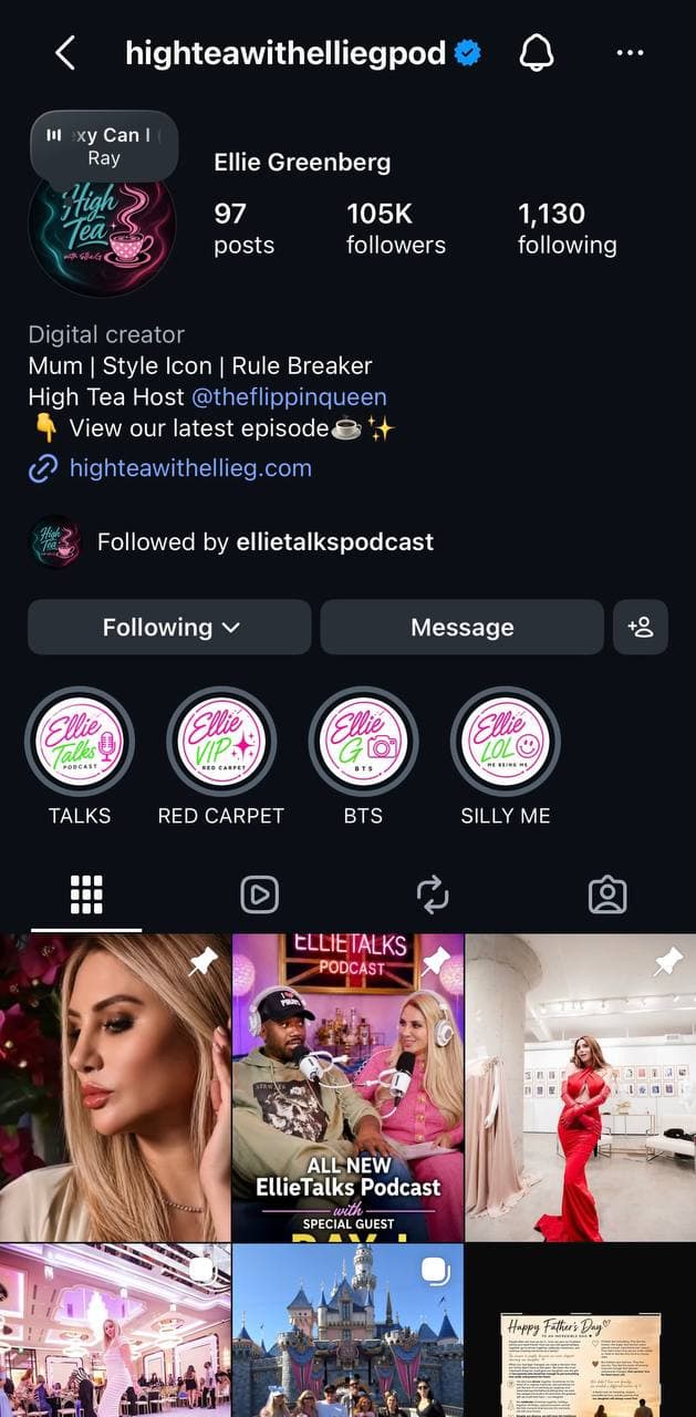 Instagram profile for High Tea host Ellie G showing 105K followers