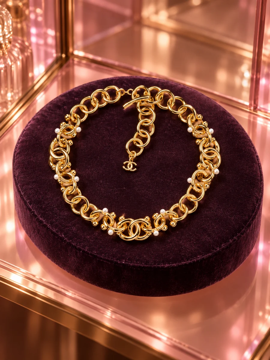 AI-styled editorial scene featuring Chanel Necklace; not an official brand campaign.