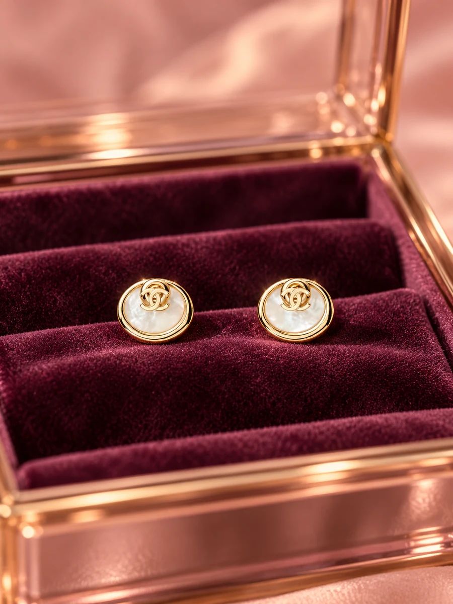 AI-styled editorial scene featuring Chanel Stud Earrings; not an official brand campaign.