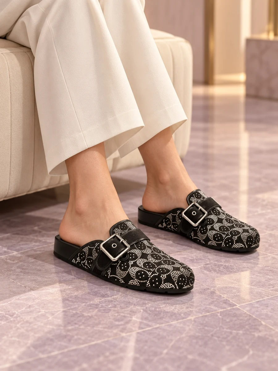AI-styled editorial scene featuring Coach Archival Buckle Clog With Crystal Signature; not an official brand campaign.