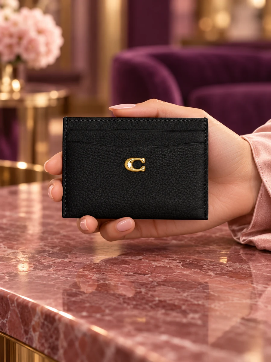 AI-styled editorial scene featuring Coach Essential Card Case; not an official brand campaign.