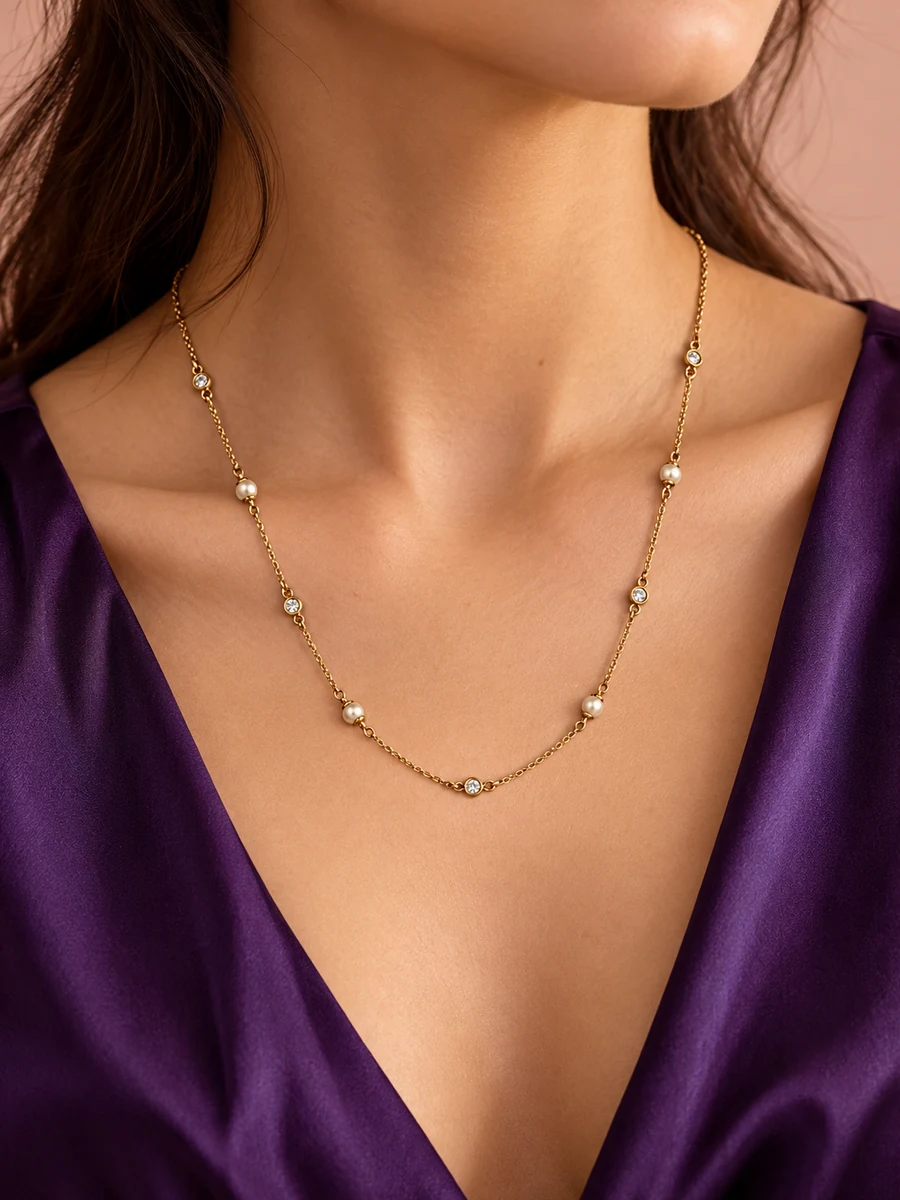 AI-styled editorial scene featuring Coach Sculpted C Pearl Necklace; not an official brand campaign.