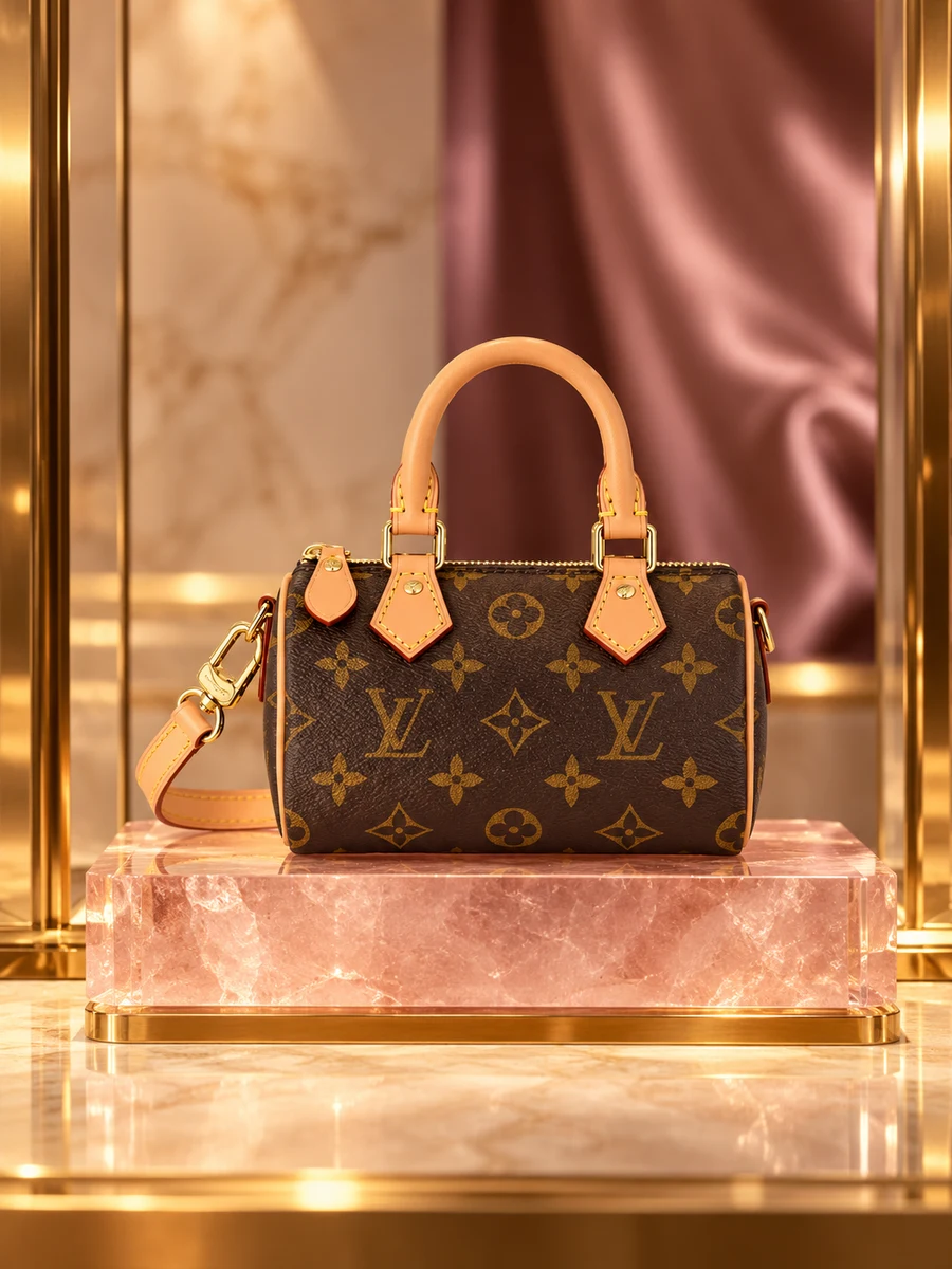 AI-styled editorial scene featuring Louis Vuitton Nano Speedy; not an official brand campaign.