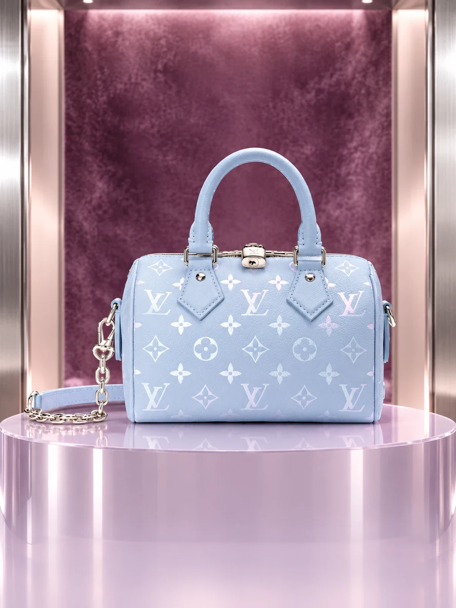 AI-styled editorial scene featuring Louis Vuitton Speedy 20 Bandoulière; not an official brand campaign.