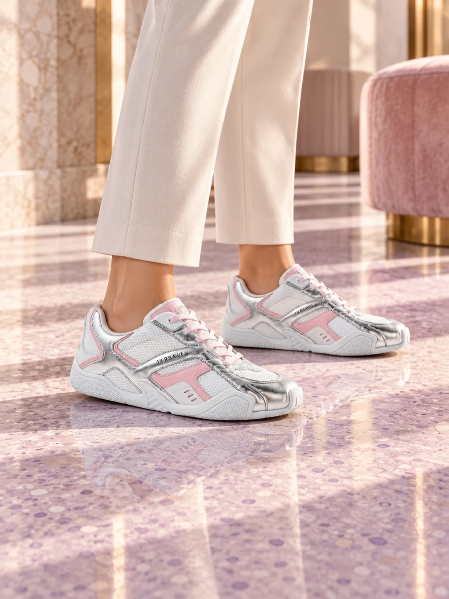 AI-styled editorial scene featuring Versace Galaxia Metallic Sneakers; not an official brand campaign.