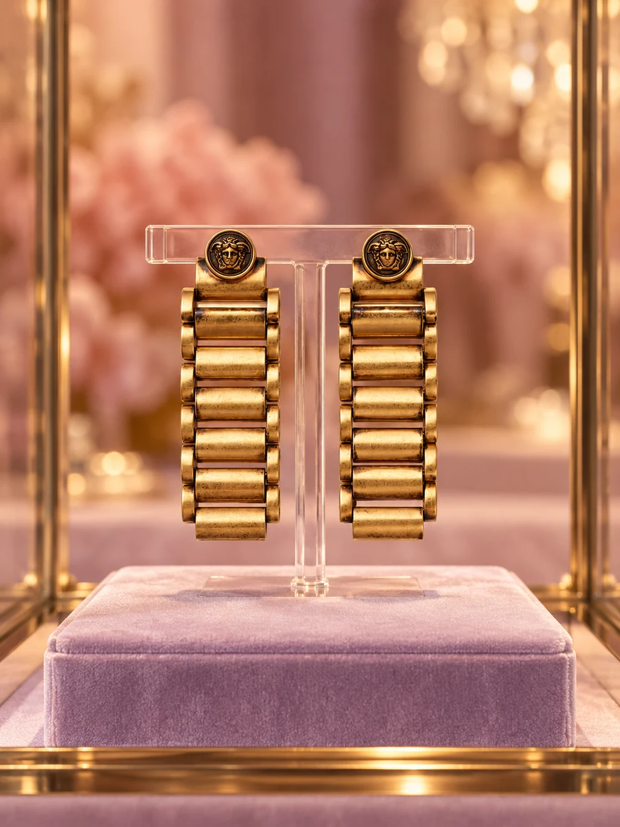 AI-styled editorial scene featuring Versace Link Earrings; not an official brand campaign.