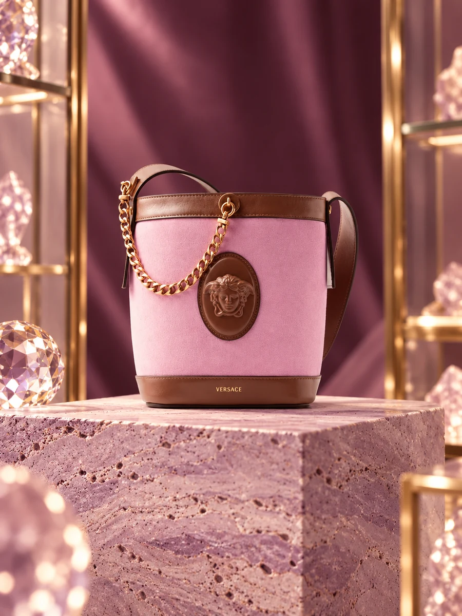 AI-styled editorial scene featuring Versace Pivot Mini Suede Bucket Bag; not an official brand campaign.