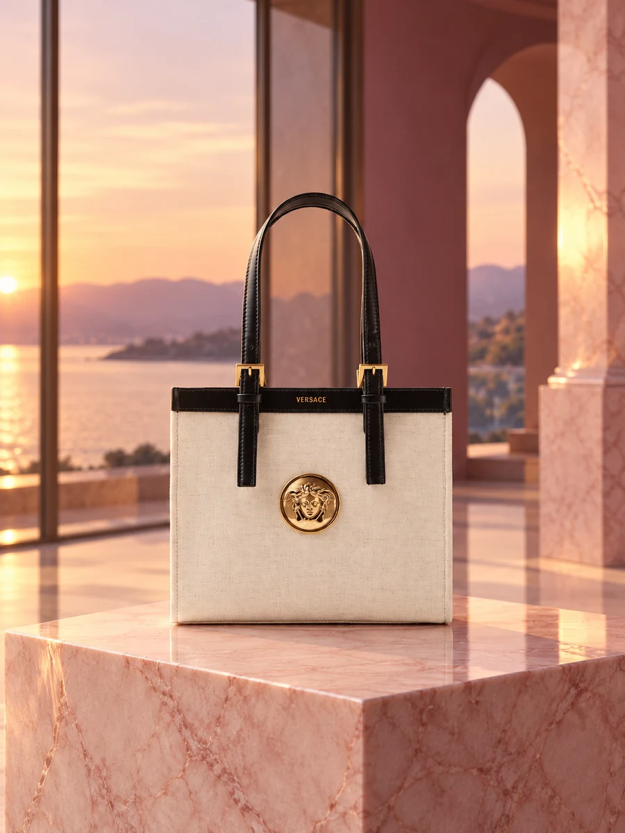 AI-styled editorial scene featuring Versace Rivière Mini Canvas Tote; not an official brand campaign.