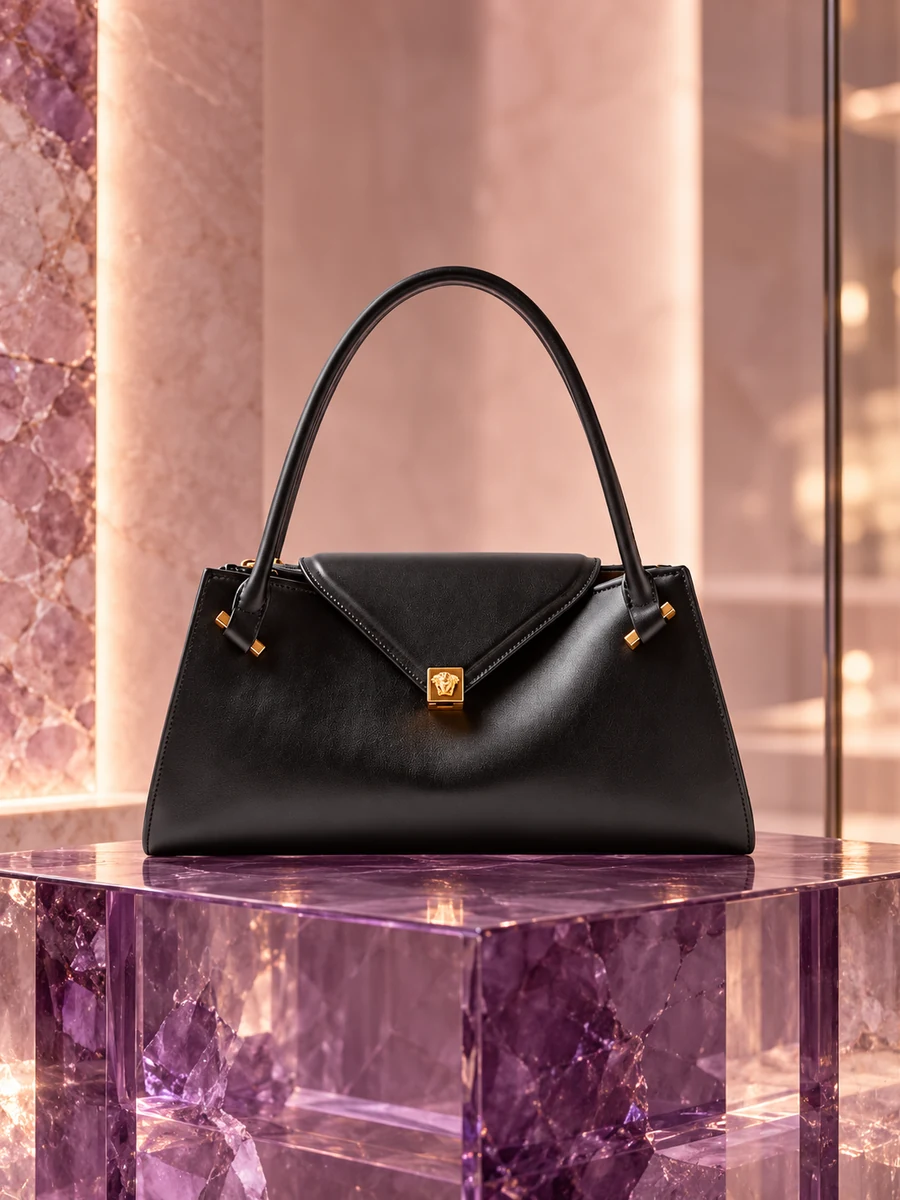 AI-styled editorial scene featuring Versace Severine Leather Shoulder Bag; not an official brand campaign.
